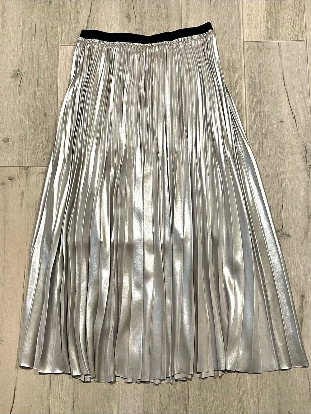 Silver Metallic Pleated Midi Skirt | Quiet Luxury Minimalist Chic